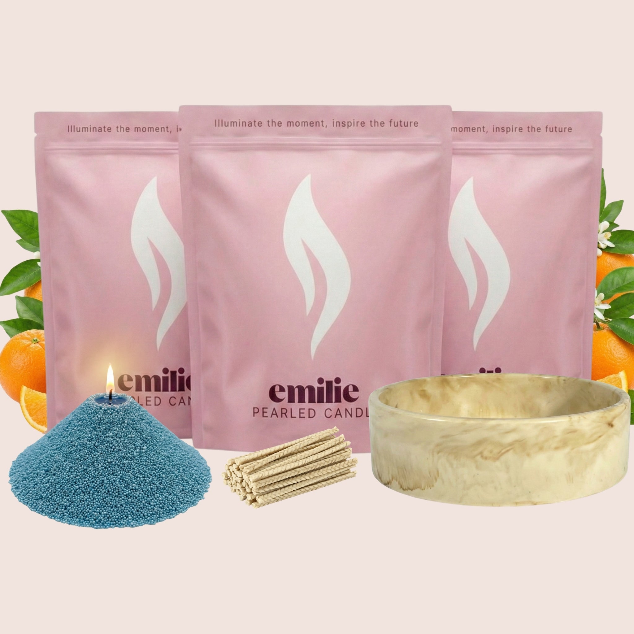 Orange 1kg + 2x 1kg of Your Choice Pearled Candles + Emilie Bol Lumière - Emilie Candle