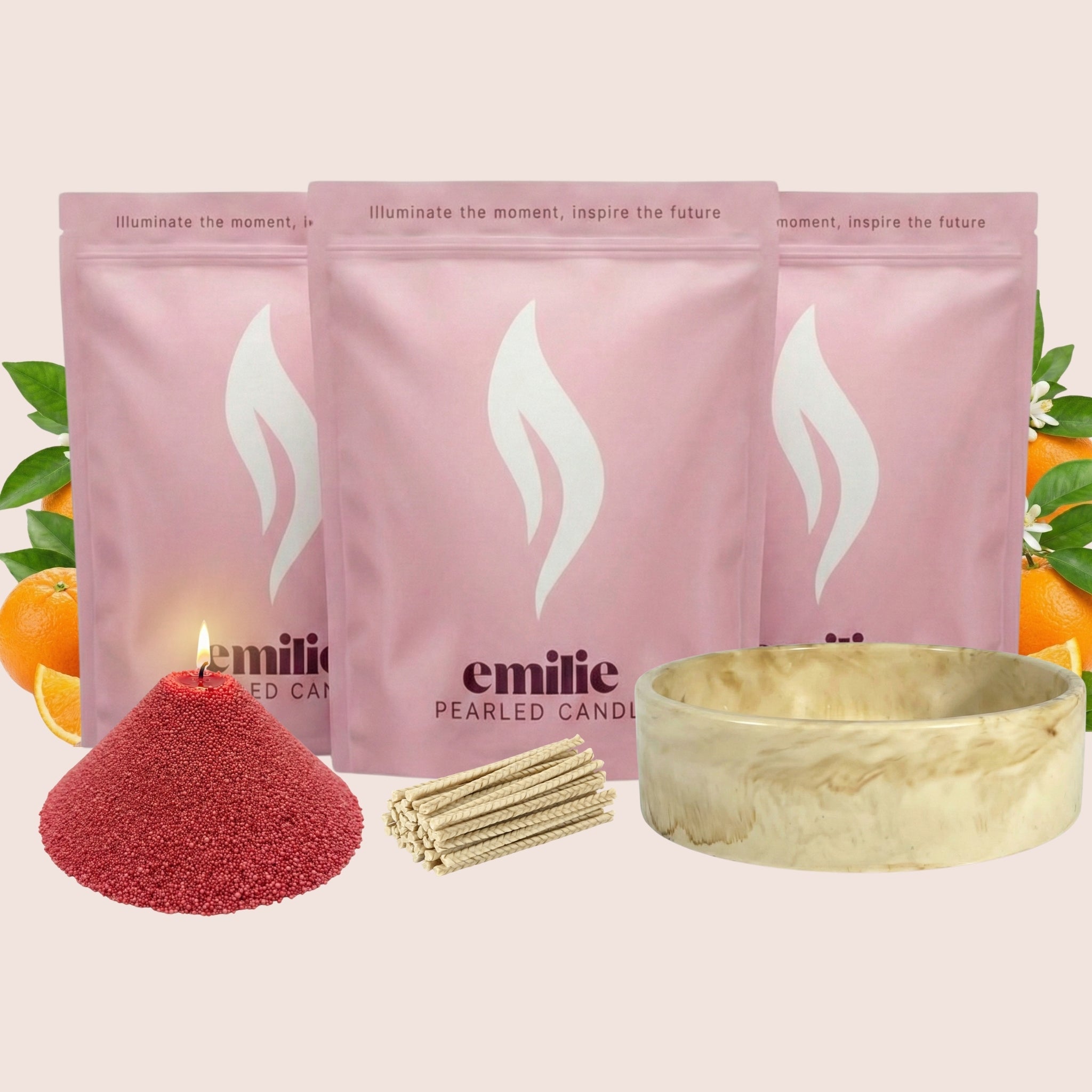 Orange 1kg + 2x 1kg of Your Choice Pearled Candles + Emilie Bol Lumière - Emilie Candle