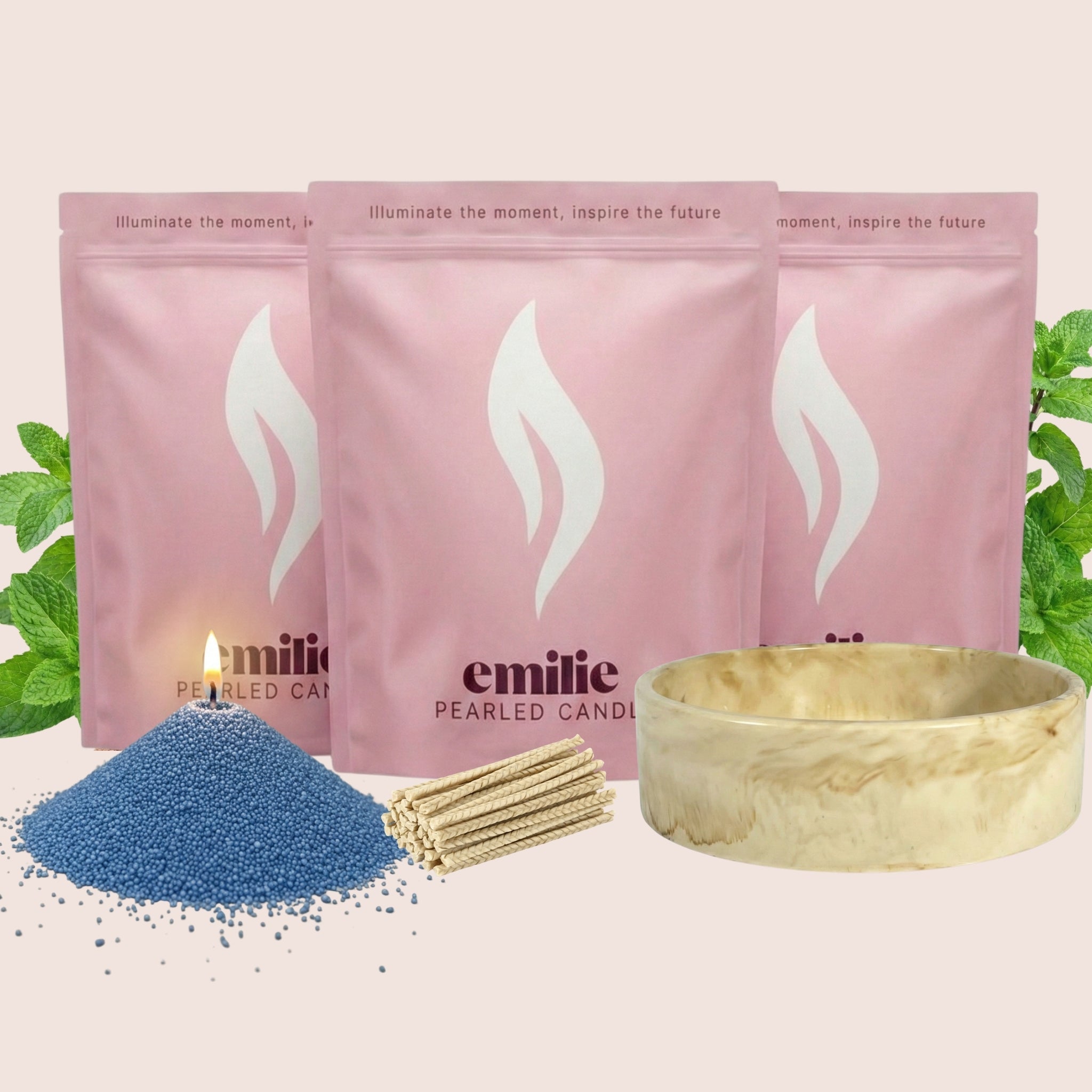 Peppermint 1kg + 2x 1kg of Your Choice Pearled Candles + Emilie Bol Lumière - Emilie Candle