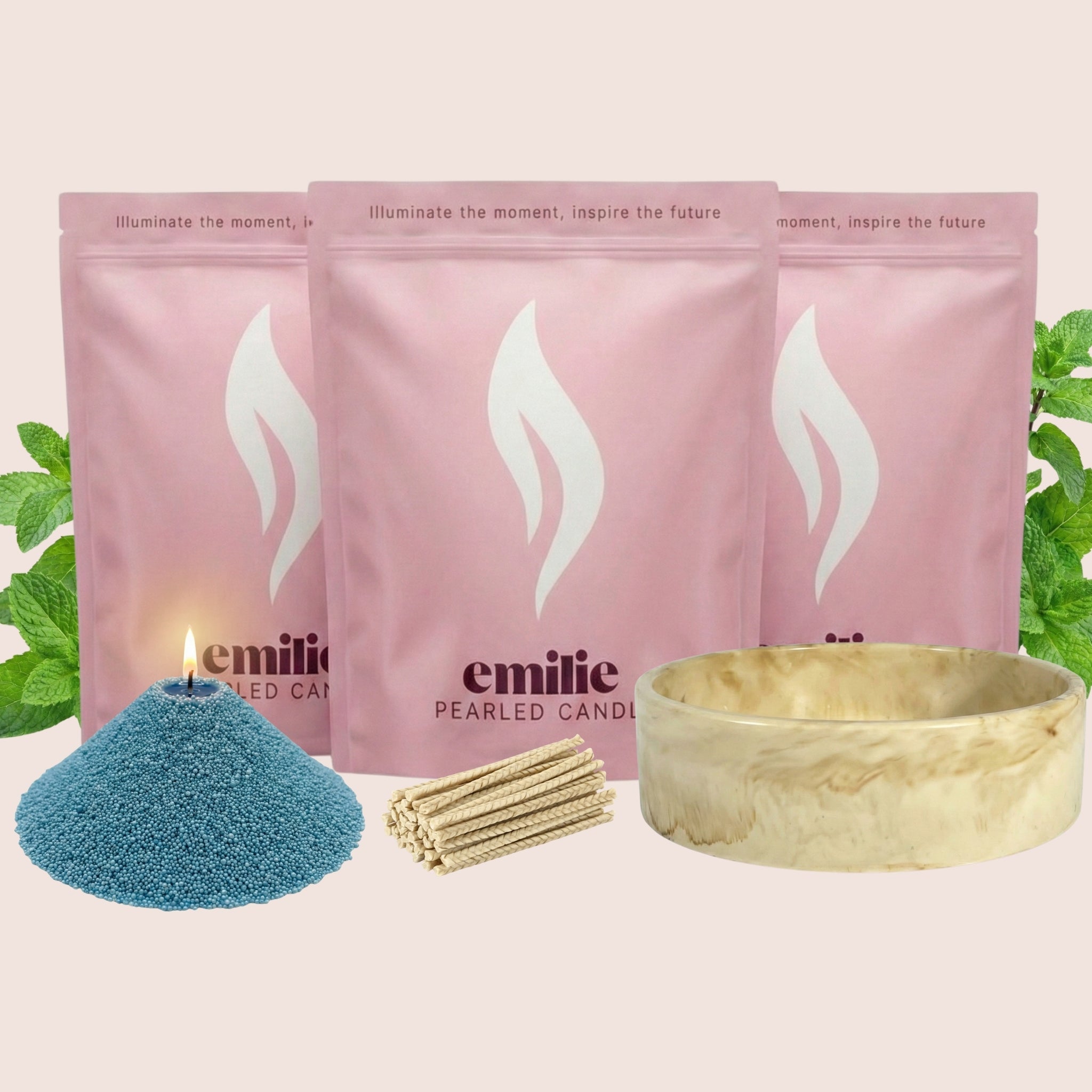 Peppermint 1kg + 2x 1kg of Your Choice Pearled Candles + Emilie Bol Lumière - Emilie Candle