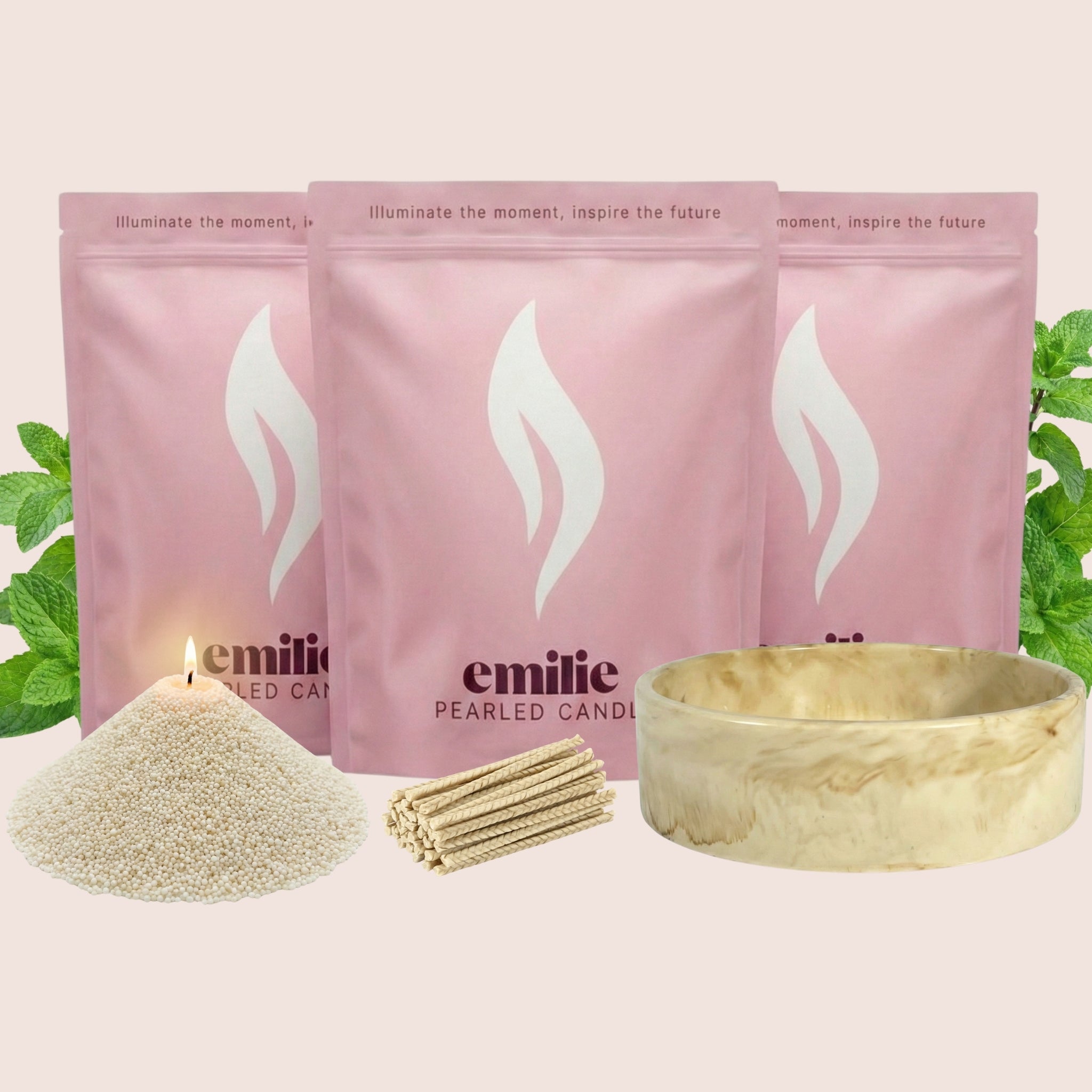 Peppermint 1kg + 2x 1kg of Your Choice Pearled Candles + Emilie Bol Lumière - Emilie Candle
