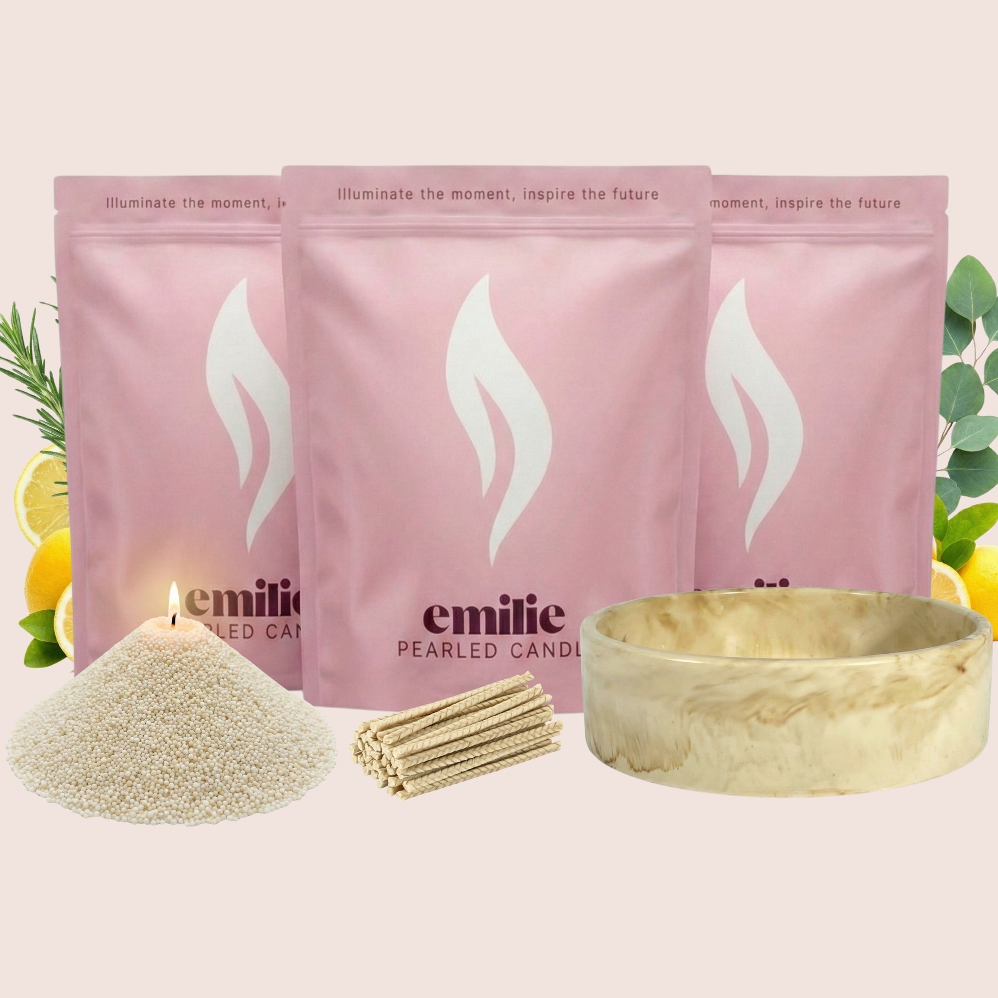 Refresh & Focus 1kg + 2x 1kg of Your Choice Pearled Candles + Emilie Bol Lumière - Emilie Candle