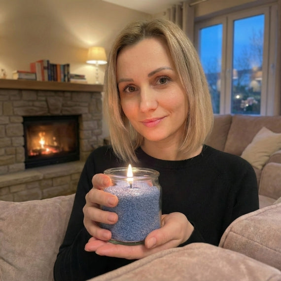 Woman holding a lit pearled candle in a reuse glass container in a cozy living room with a fireplace.
