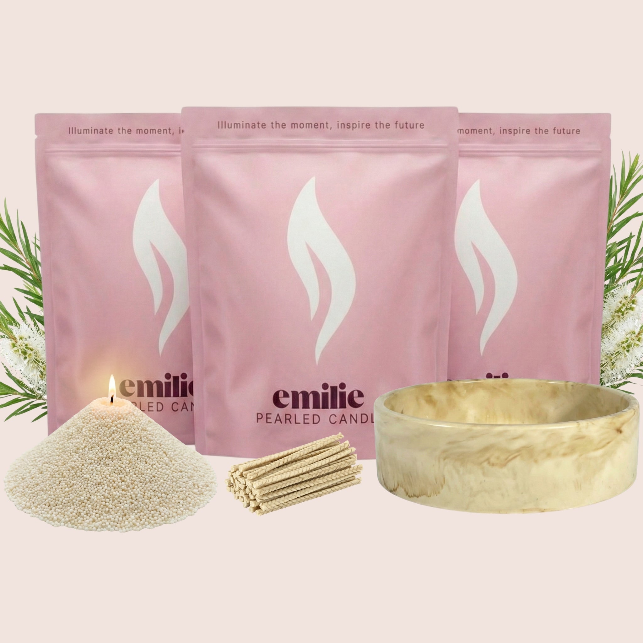 Tea Tree 1kg + 2x 1kg of Your Choice Pearled Candles + Emilie Bol Lumière - Emilie Candle