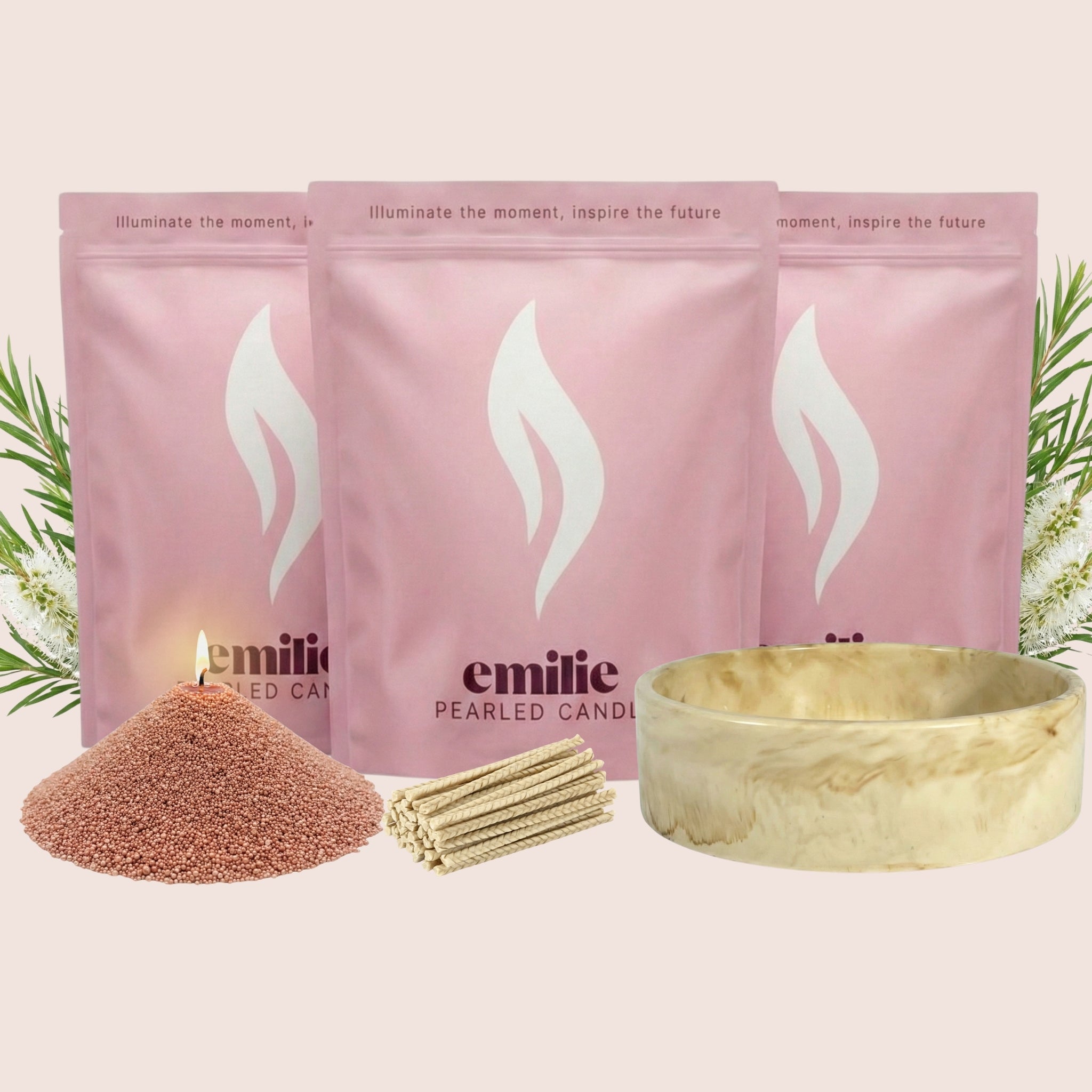 Tea Tree 1kg + 2x 1kg of Your Choice Pearled Candles + Emilie Bol Lumière - Emilie Candle