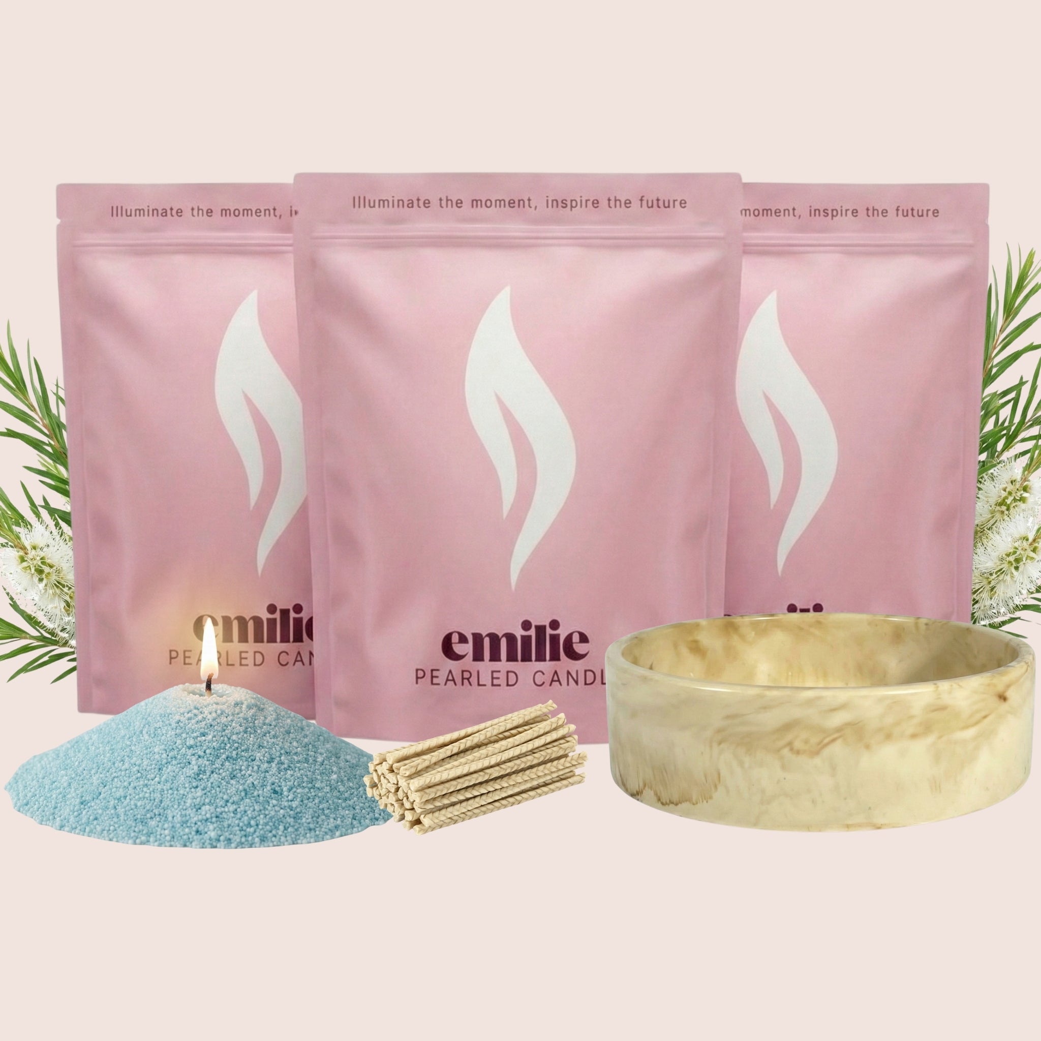 Tea Tree 1kg + 2x 1kg of Your Choice Pearled Candles + Emilie Bol Lumière - Emilie Candle