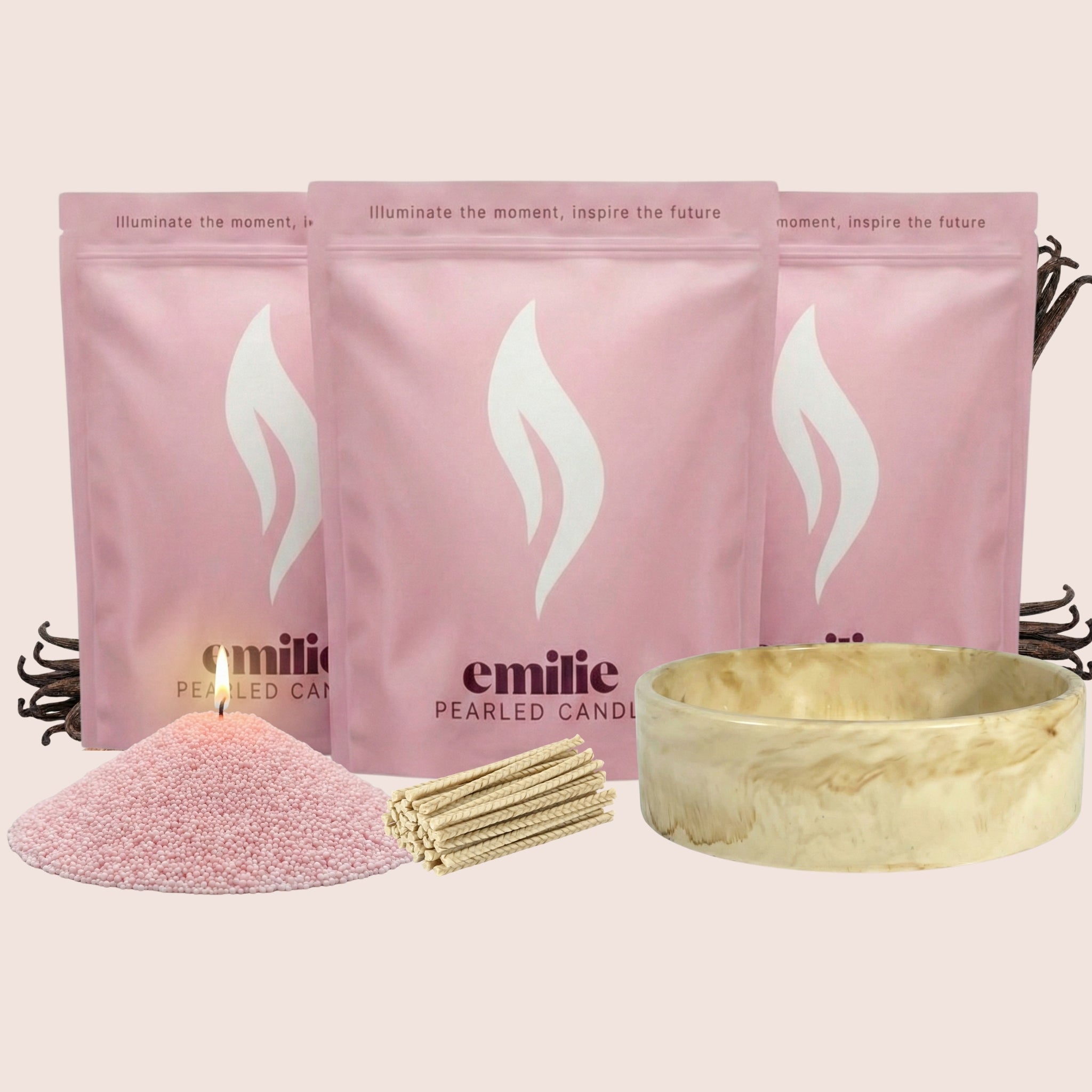 Vanilla 1kg + 2x 1kg of Your Choice Pearled Candles + Emilie Bol Lumière - Emilie Candle