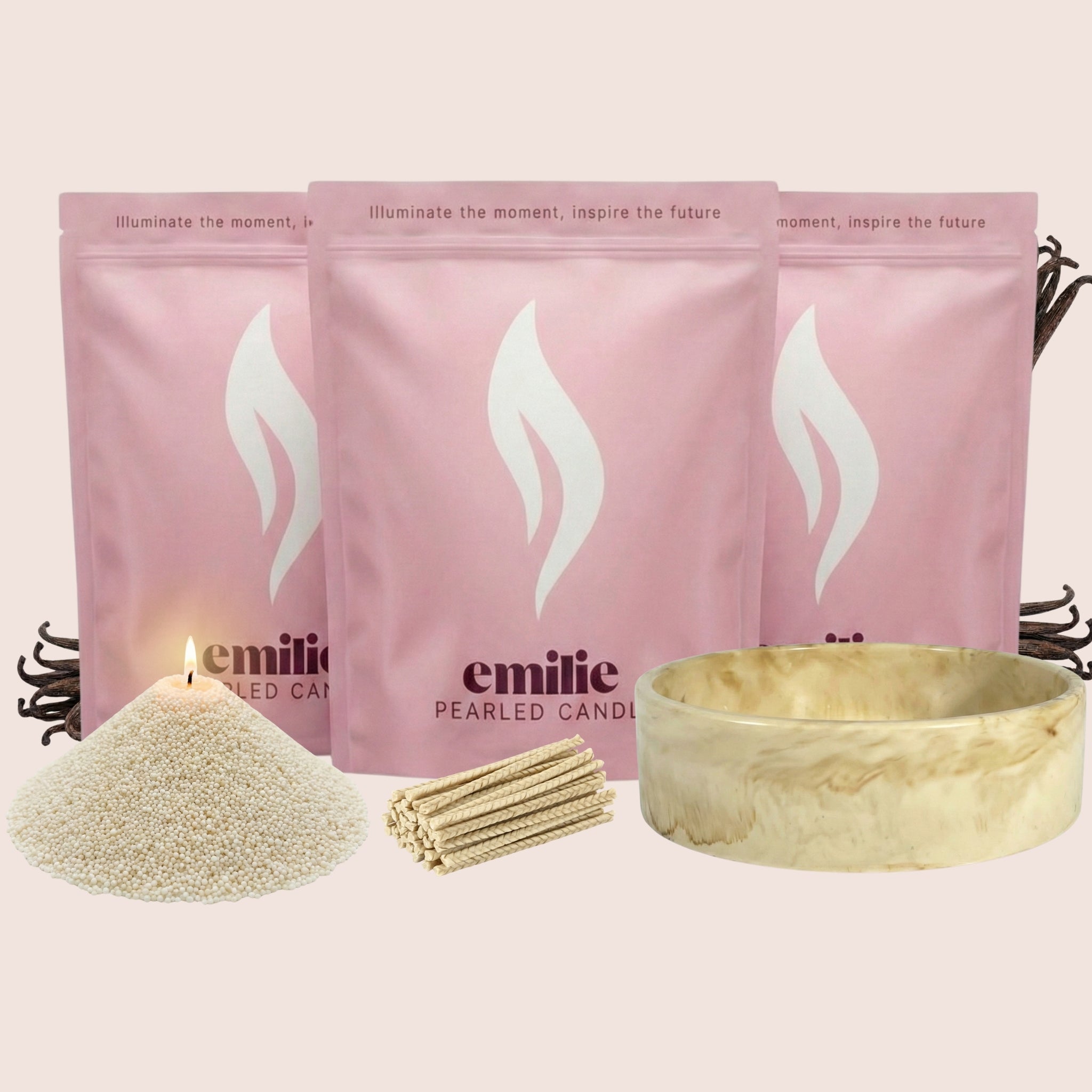 Vanilla 1kg + 2x 1kg of Your Choice Pearled Candles + Emilie Bol Lumière - Emilie Candle