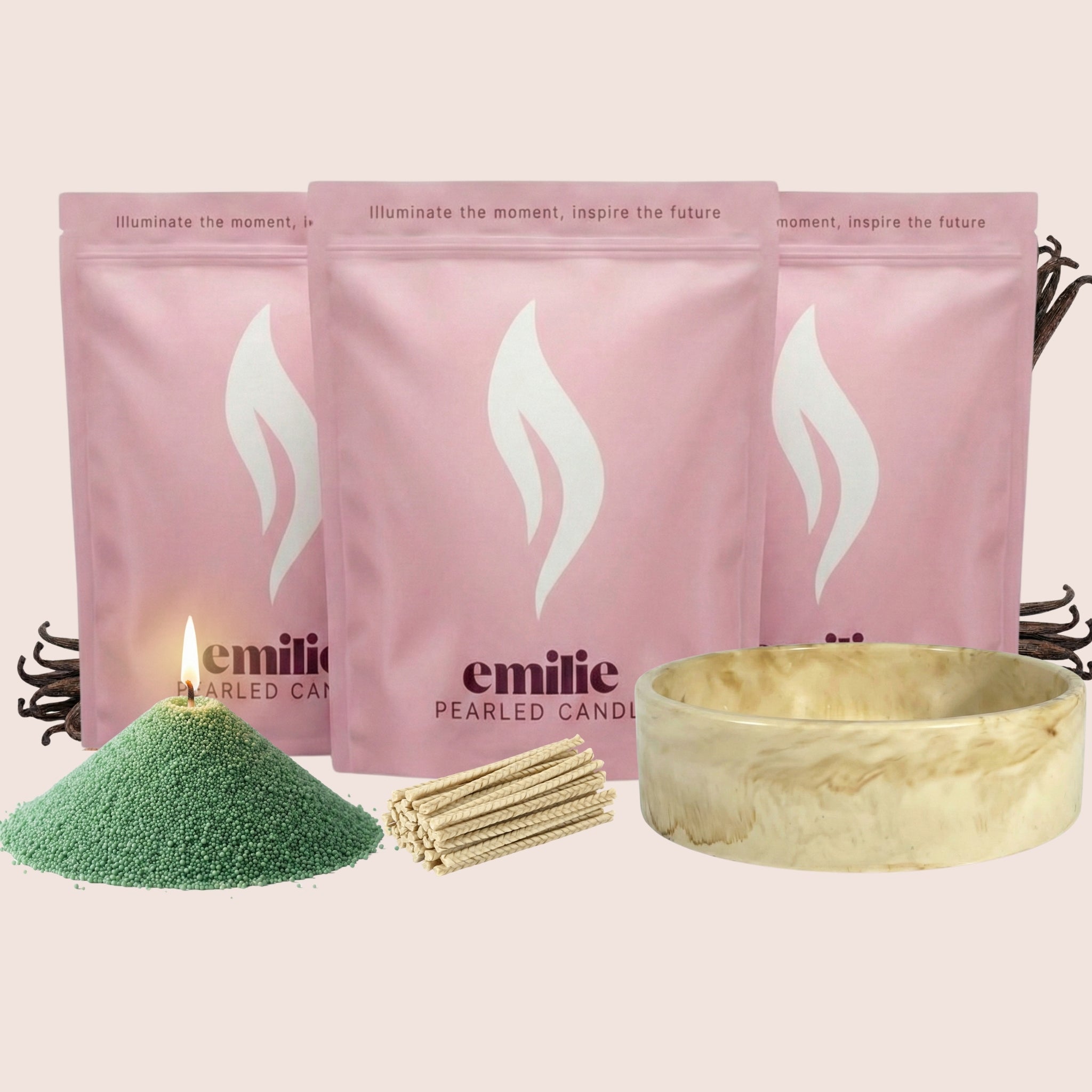 Vanilla 1kg + 2x 1kg of Your Choice Pearled Candles + Emilie Bol Lumière - Emilie Candle