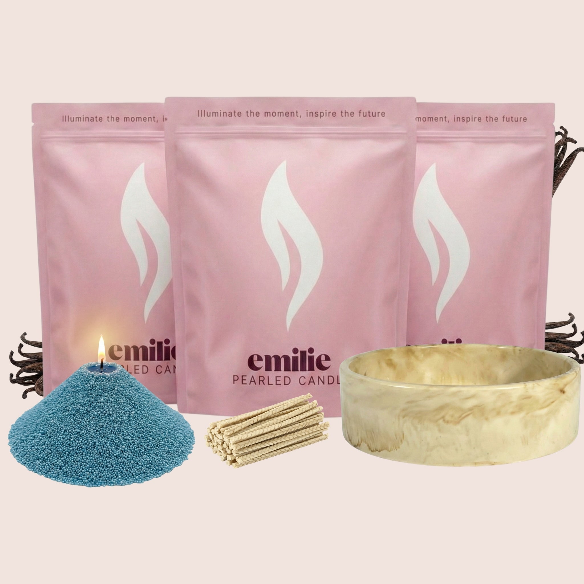 Vanilla 1kg + 2x 1kg of Your Choice Pearled Candles + Emilie Bol Lumière - Emilie Candle