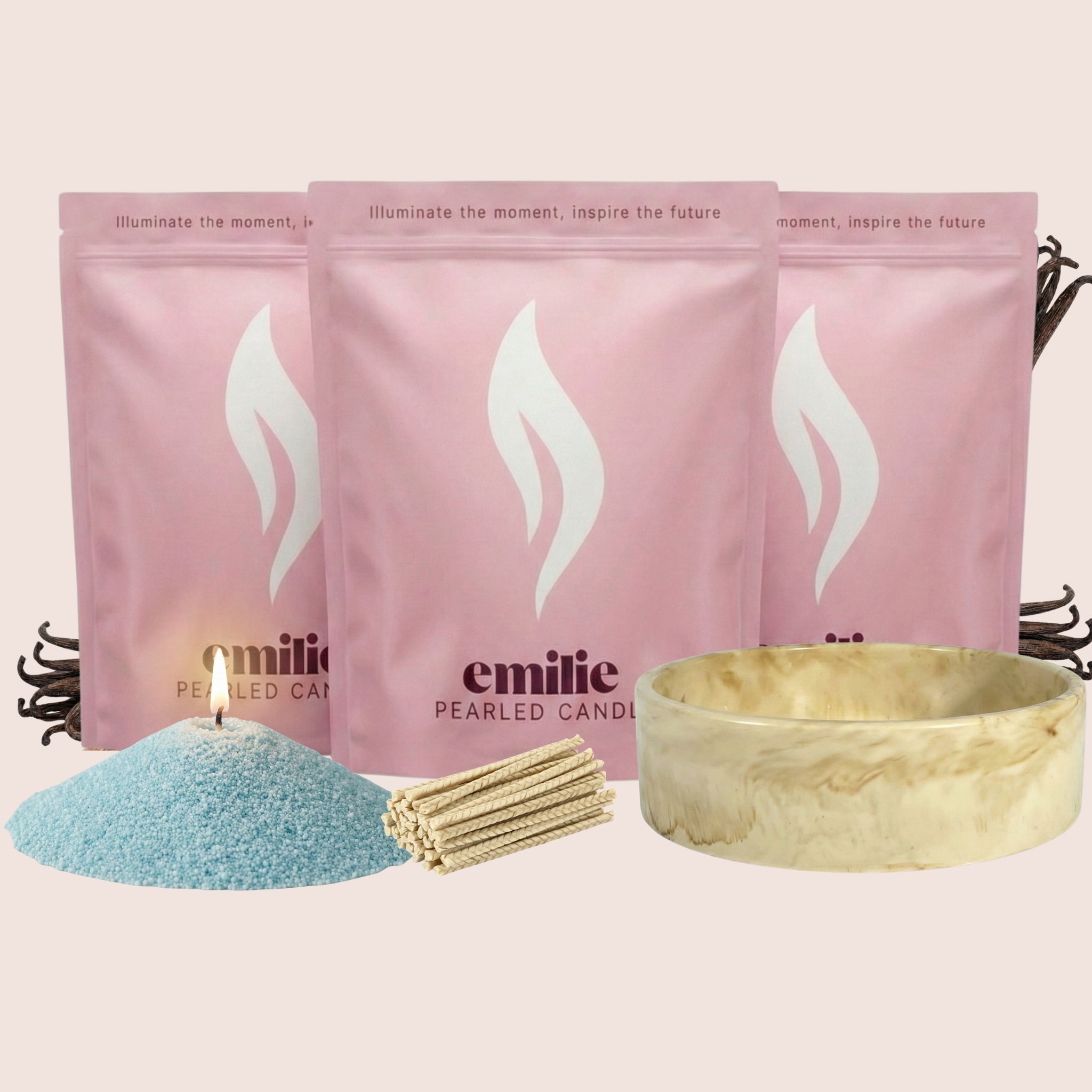 Vanilla 1kg + 2x 1kg of Your Choice Pearled Candles + Emilie Bol Lumière - Emilie Candle