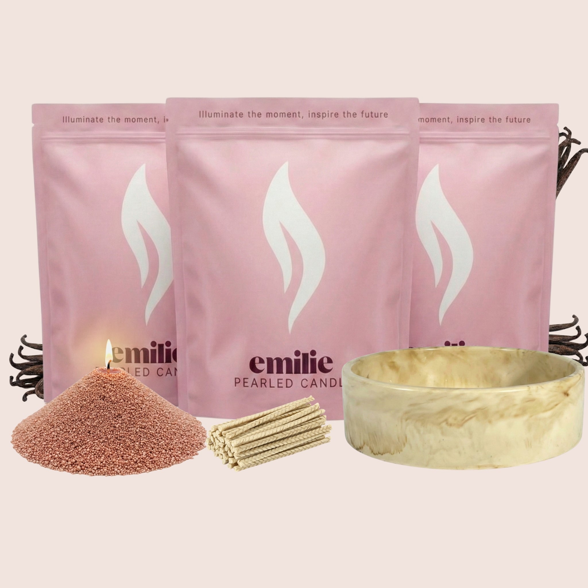 Vanilla 1kg + 2x 1kg of Your Choice Pearled Candles + Emilie Bol Lumière - Emilie Candle