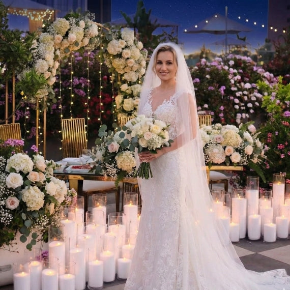 Bride in a white wedding dress holding flowers in a decorated outdoor setting with pearled candles and floral arrangements.