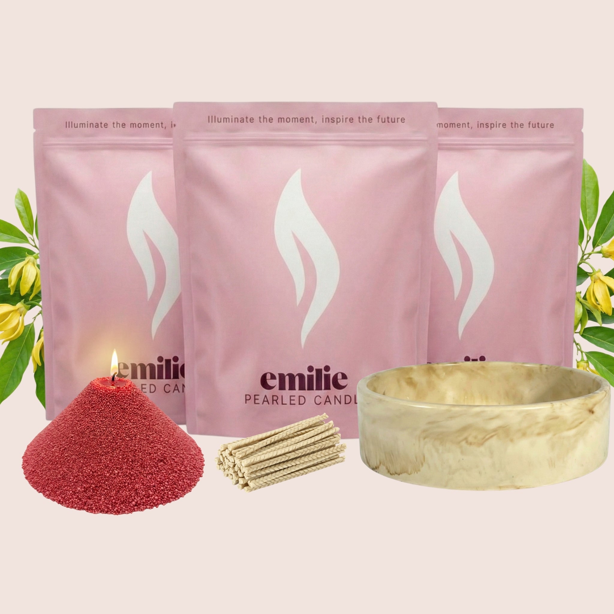 Ylang Ylang 1kg + 2x 1kg of Your Choice Pearled Candles + Emilie Bol Lumière - Emilie Candle
