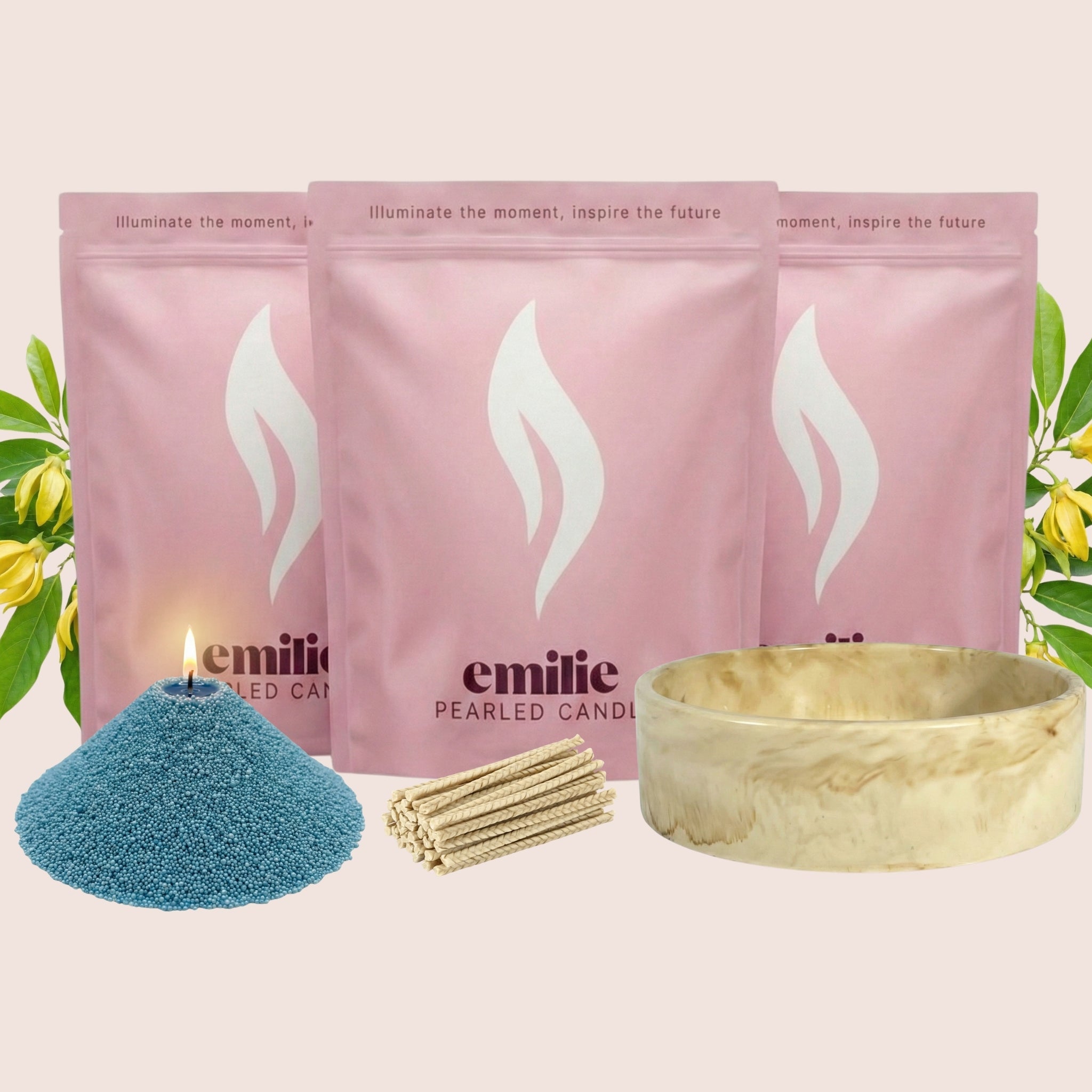 Ylang Ylang 1kg + 2x 1kg of Your Choice Pearled Candles + Emilie Bol Lumière - Emilie Candle