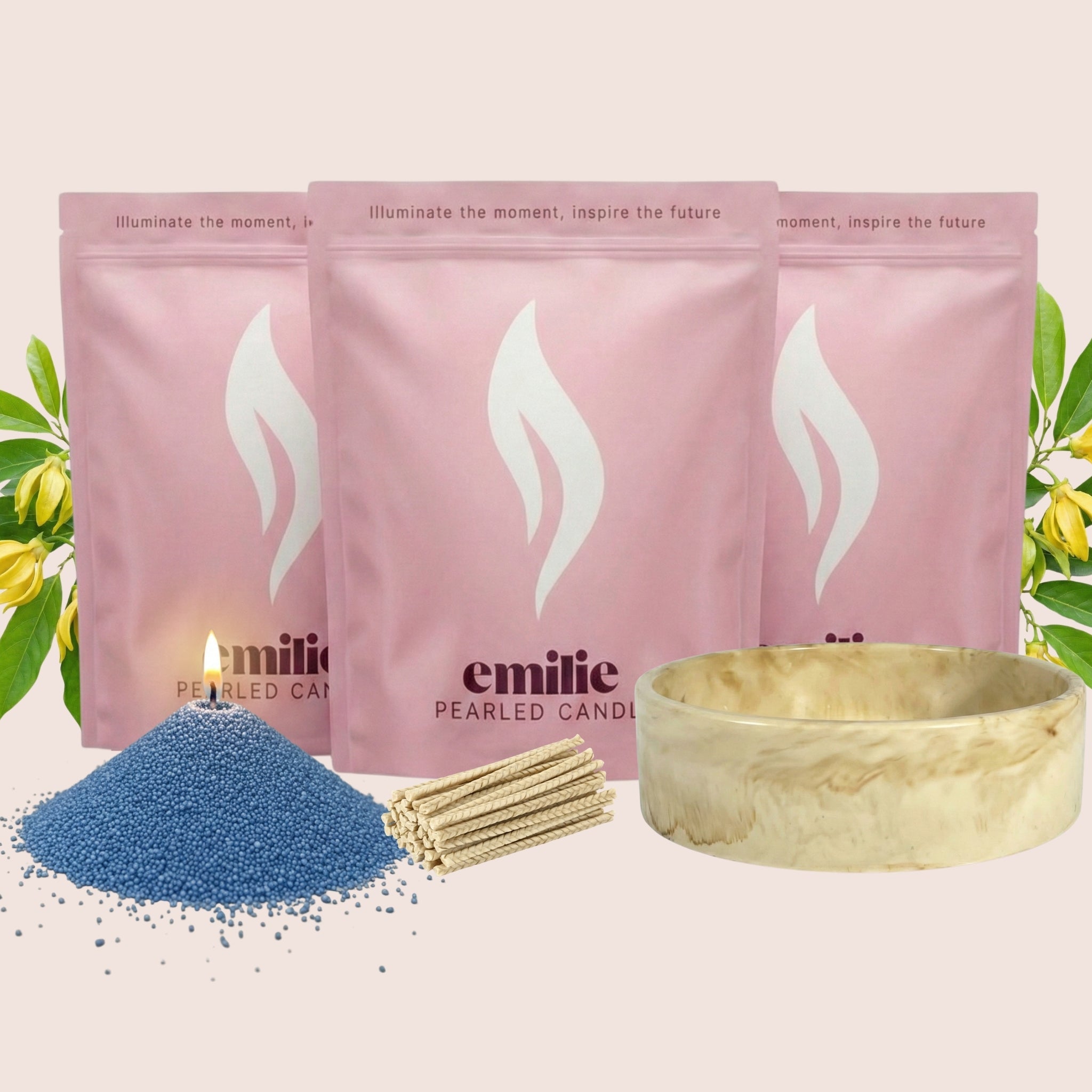 Ylang Ylang 1kg + 2x 1kg of Your Choice Pearled Candles + Emilie Bol Lumière - Emilie Candle