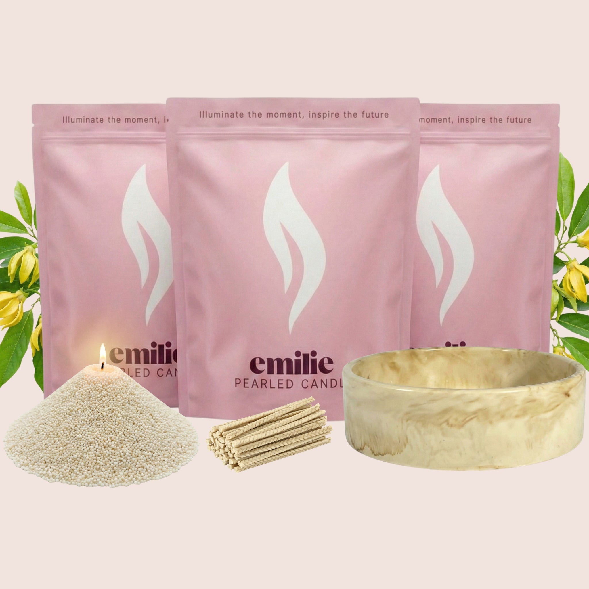 Ylang Ylang 1kg + 2x 1kg of Your Choice Pearled Candles + Emilie Bol Lumière - Emilie Candle