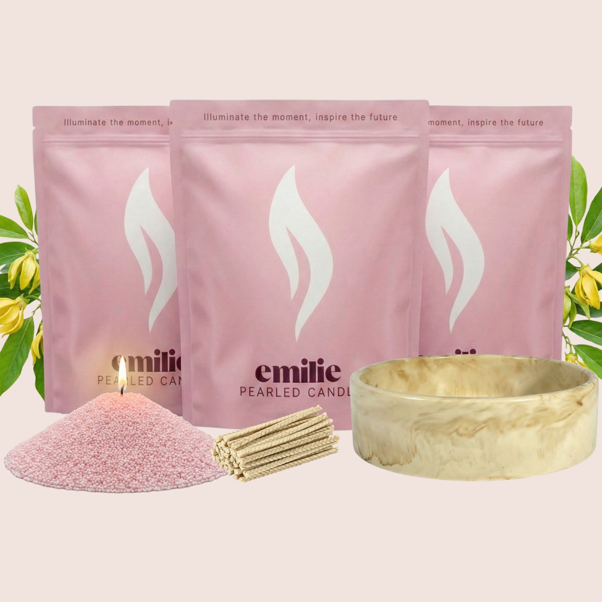 Ylang Ylang 1kg + 2x 1kg of Your Choice Pearled Candles + Emilie Bol Lumière - Emilie Candle